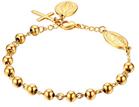 Cupimatch Armband Damen Herren Jungfrau Maria mit Kreuz Anhänger Perlenarmband Armreif Edelstahl Armkette Silber Gold