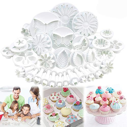 BETOY Fondant Ausstecher Ausstechform, 33 TLG Auswerfer Stempel Set, Kuchen Ausstecher Dekoration Set Backen DIY Stempel Zubehör mit Modellierwerkzeug