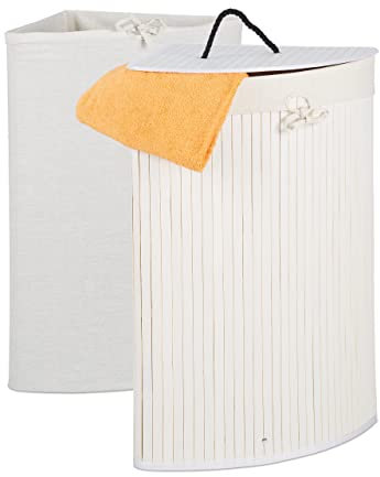 Relaxdays Corner Laundry Basket, Bamboo, Folding Hamper, Lid, 60 L, 2 Inner Washing Bags, 66 x 49.5 x 37 cm, White