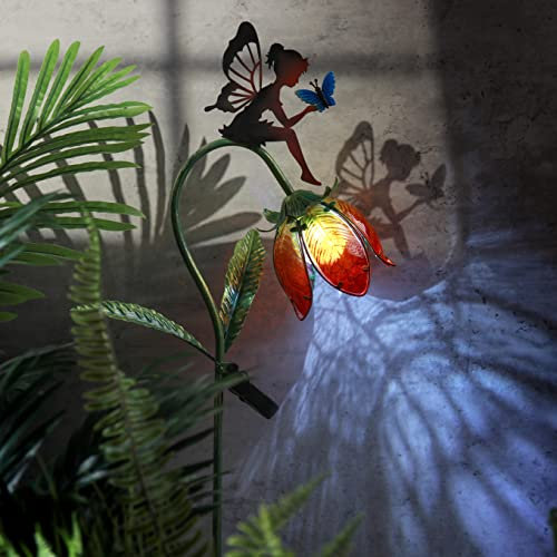 TERESA'S COLLECTIONS Gartendeko für Drauße Wetterfest,100cm Groß Blumenfee Solarlampen Gartenleuchte,mit Metall Glas LED, Figur Geschenke für Frauen/Mama Deko für Terrasse