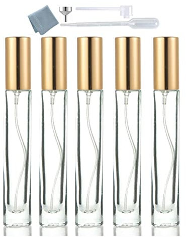 Elfenstall - Thick Glass 5pcs 10ml 1/3oz Gold Spray Bottle Refill Perfume Hydrating Fragrance Fine Mist Atomizer Cosmetic Container Round Tube Party Makeup Tool Travel Gift Sample