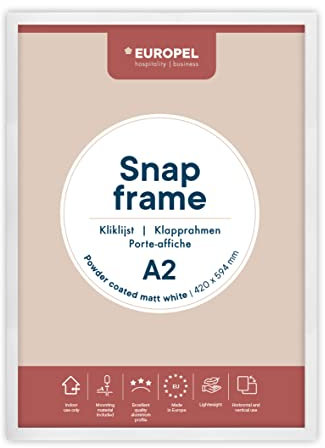 Europel leichte Klapprahmen DIN A2 mattweiß pulverbeschichtet, Easy-Click System, Profil 25x11 mm, eloxierte Aluminium und blendfreie Schutzfolie, Außenmaß 625x872 mm, grau Polystyrol Rückseite