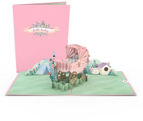 Lovepop® 3D Pop-Up Karte Rosa Kinderwagen Grußkarte Baby Geburt Mädchen Kind Glückwunsch für frischgebackene Eltern | Verkündung Schwangerschaft | inkl. Umschlag & Versteckfach für Geld & Gutscheine