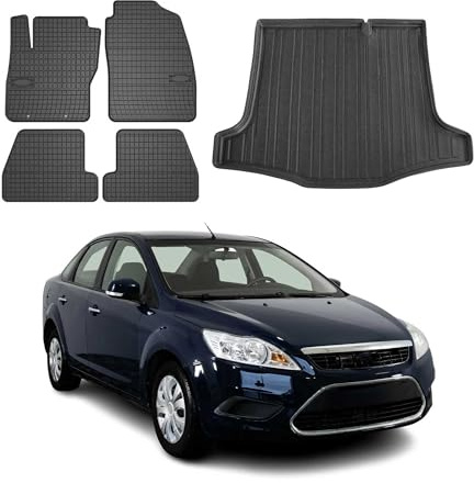 OMAC Fußmatten Kofferraumwanne für Ford Focus mk2 2004-2011 Limo Gummi 5X | inkl. Kofferraumwanne (Satz), Gummimatten, Automatten, Allwetter, Antirutsch, fahrzeugspezifisches Produkt, wasserdicht