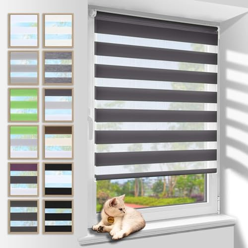 Zarnan Doppelrollo Klemmfix ohne Bohren Anthrazit 80x180cm(Stoffbreite 76cm) Duo Rollo Blickdicht Zebrarollo Rollos für Fenster ohne Bohren für Wohnzimmer Küche Büro lichtdurchlässig und verdunkelnd