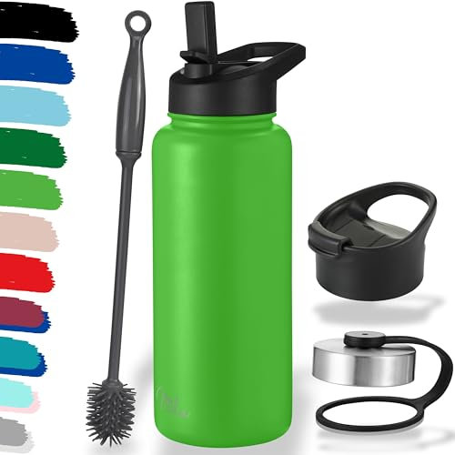 Milu Botella de agua de acero inoxidable, 500, 750, 1000ml (+3 tapas), termo con pajita, botella de agua aislada, botella aislante a prueba de fugas, apta para ácido carbónico (verde manzana 1000ml)