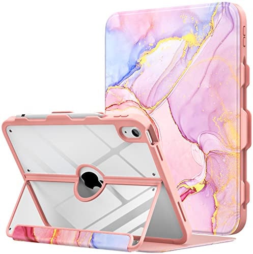 MoKo for iPad 11-inch (A16) 11th Generation Case 2025 / iPad 10th Generation Case with Pencil Holder 2022 10.9 inch, Built-in Screen Protector Clear Back, Multi Angle Viewing Stand, Pink Gold Marble