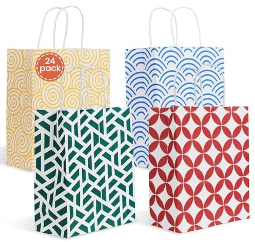 Parmedu Set di Carta da Regalo Multicolore: 24 Sacchetti Regalo con Manici Nella Dimensione Ottimale 21,5*10*26CM, Sacchetti da Asporto Rinforzati per Natale, Festival, Compleanni, Feste, Matrimoni