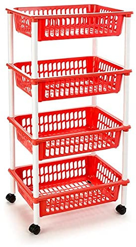 Acan Tradineur - Carrito verdulero Modelo PLFT de plástico con 4 Niveles y Ruedas, cestas apilables portaobjetos, Frutas, Verduras, Cocina, baño (Rojo - 85 x 40 x 30 cm)