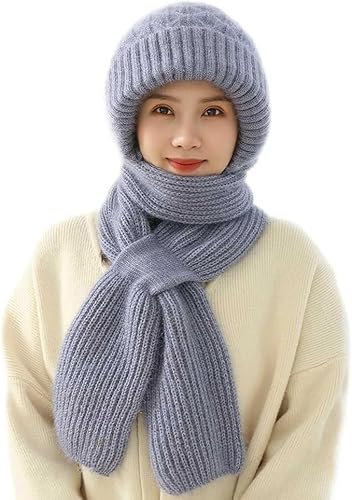 Baopinlady Integrierter Gehörschutz Winddichte Mütze Schal,Damen 2 in 1 Winterschal Mütze Verdickter Warmer Strickmütze Kapuzenschal für Frauen Winter