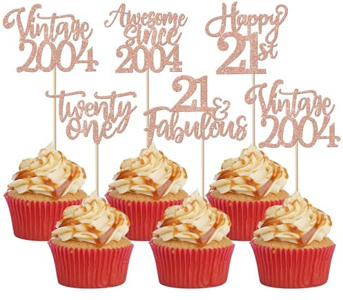 30 Stück Vintage 2004 Tortendeko Glitzer Happy 21st Twenty-one Awesome Since 2004 Cupcake Toppers 21 Fabulous Kuchen Deko für 21. Geburtstag Hochzeitstag Party Kuchen Dekorationen Rosegold