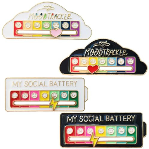 4 Stück Funny Social Battery Pin Set, Lustige Brosche für soziale Stimmung in 2 Stilen, Stimmungsbatterie-Brosche für 7 Tage, Interaktive Stimmungsnadeln für Geschenke, Dekoration, Psychische
