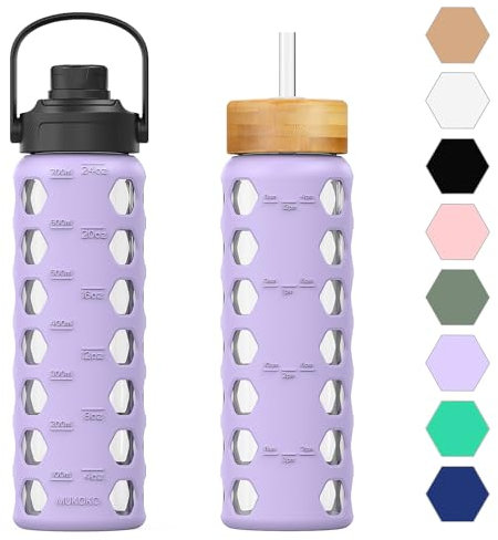 HYDRAGLAZIC gourde en verre 700ML Bouteille d'eau en verre avec 2 couvercles - Couvercle rabattable et couvercle en bambou avec pailles avec mesure gourde graduée anti-fuite, Violet