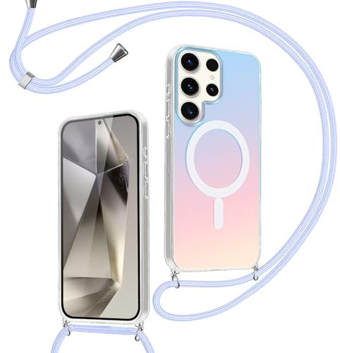 Oelrstfe Coque Magnétique pour Samsung Galaxy S24 Ultra 6.8 avec Cordon, Compatible avec MagSafe, Collier Housse de Couleur dégradé Laser, Réglable Lanyard Case pour Samsung S24 Ultra, Violet