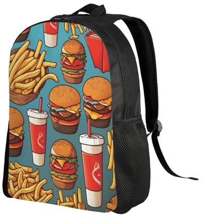 GBCVXZ Burger und Pommes Frites Wasserabweisender Rucksack – 600D verschlüsseltes Oxford-Tuch, große Kapazität, geeignet für Schule, Arbeit und Reisen, Schwarz , One size