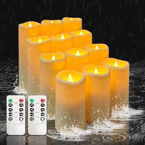 VETOUR LED Flameless Candles of 12 Pieces, Waterproof Battery Operated Flickering Candle for Outdoor Use with Timer Remote Control for Balconies, Outdoor Lanterns, Indoor Birthdays, Christmas