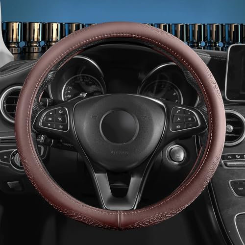 Menifomory Brauner Lenkradbezug, universeller Auto-Lenkradbezug, 38,1 cm (15 Zoll) Rindsleder-Radabdeckung für Auto, SUV, LKW, Größe M (C-Braun-M)