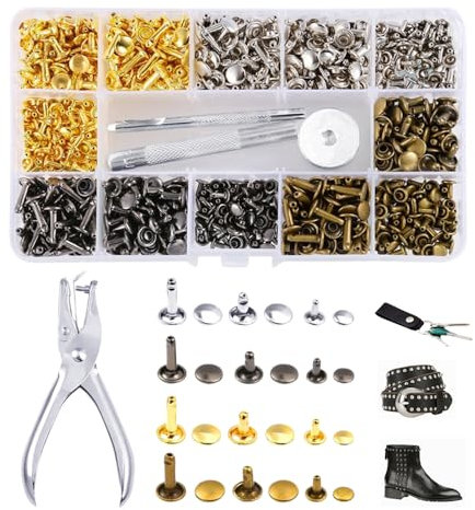 Ceihwa 180 Pcs Leder Nieten Set mit Zange,Rivet Metallniete Doppelkappe 3 Größen,Leder Nieten für Kleidung,Hohlnieten Set,Leather Rivets Double Cap,Ersatz Nieten Jeans für Dekoration 4 Colors