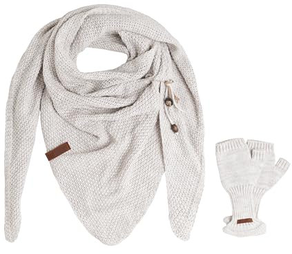 KNIT FACTORY - Damen Winter Set - Coco Dreiecksschal & Cleo Handstulpen - Winterschal und Handschuhe - Strickschal mit Handschuhe - Gefertigt aus 30% Wolle und 70% Polyacryl - Beige