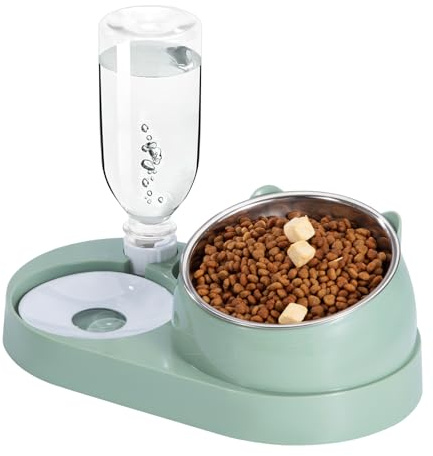 Futterstation Katzen mit Automatischer Wasserflasche 2 In 1 Erhöhte Schüssel Aus Edelstahl Anti-Erbrechen Katzennäpfe für Kleine, Mittelgroße Katzen Hunde Grün