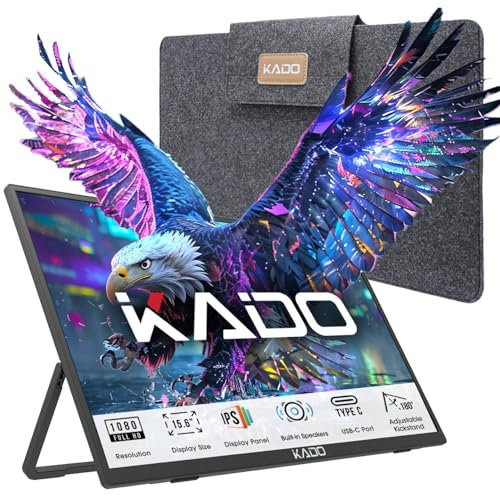 Kado Monitor portátil FHD 1080P de 15.6 Pulgadas, HDMI USB-C, Pantalla IPS Ultrafina, Altavoces Integrados, Monitor Externo de 180° para Laptop, PC, teléfono, Mac, Xbox, PS4/PS5