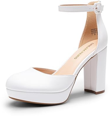 DREAM PAIRS Women's Platform Chunky High Heels Closed Toe Block Ankle Strap Dress Bridal Party Wedding Shoes,Size 5,White,DWUMPU2534