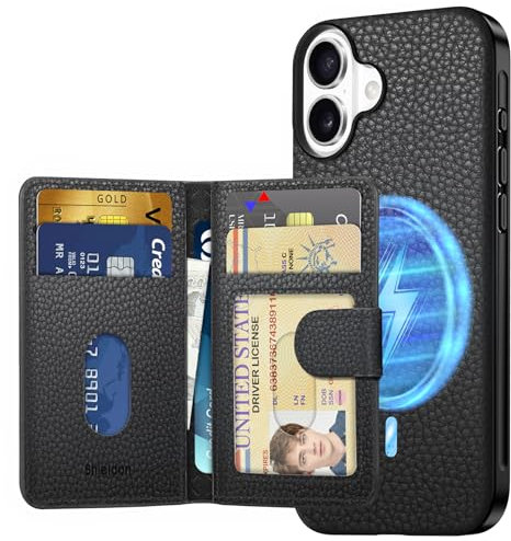SHIELDON Genuine Leather Case for iPhone 16 Plus + Detachable Magnetic RFID Blocking Card Wallet Holder with 6 Card Slots, Wireless Charging Phone Case Compatible with iPhone 16 Plus - Pebbled Black
