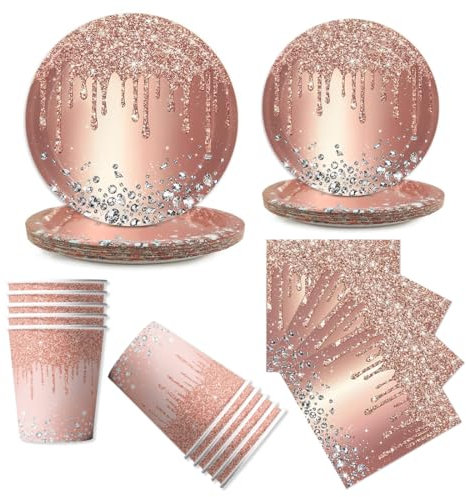 LAWALEISHE 96pcs Rose-Gold Party Tableware Set, Disposable Rose-Gold Paper Plates, Cups and Napkins, Solid Color Paper Tableware for Weddings, BBQ and Birthday Parties, Table Decorations