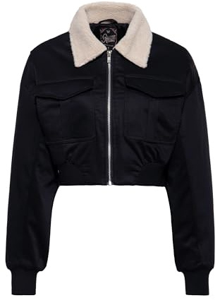 Queen Kerosin Damen Cropped Jacke · Bomberjacke · Kurze Jacke · Blousonjacke · Bikerjacke · Bauchfrei · Zip Up · Damen · Jacke · Kurz · Teddykragen · Retro · Vintage · Uni · Schwarz