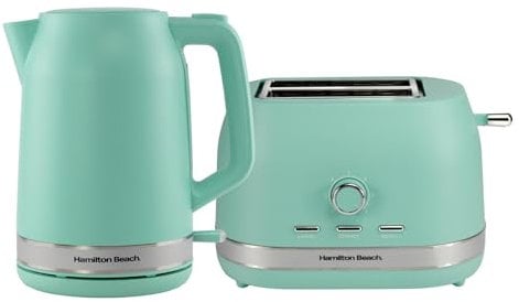 Hamilton Beach Kettle and Toaster Set, Ella, 1.7L Kettle, 2 Slice Toaster, Boil Dry Protection, Removable Filter, 7 Browning Levels, Removable Crumb Tray, Mint - HBELLAMM