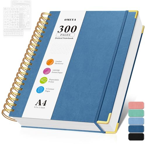 Notizblock, Notizbuch A4 Gepunktetes, Bullet Dotted Journal, Notizbücher mit 300 Seiten, 120GSM, Hardcover Leder spiralbindung Dot Journal für Frauen und Männer,Großes Notizbuch für Arbeit Büro Schule