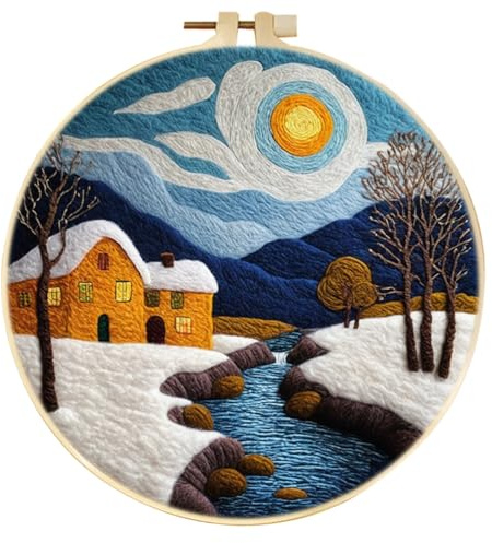 Meecaa DIY Nadelfilz-Set für Anfänger, Small Stream Sonne Schnee Landschaft, einschließlich Wollfilz-Zubehör, Stickrahmen, schöne Wollmalerei und Nadelfilzwerkzeuge (Small Stream)