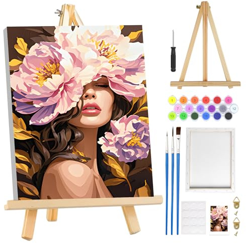 MOGTAA Fille Fleur Peinture Numero Enfant Adulte avec Cadre, Peinture par Numero Adulte avec Chevalet, DIY Numéro d'Art Kits, Loisirs Créatifs Adultes, pour décoration d'intérieur, 20x30cm