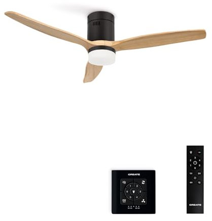 CREATE / WINDCALM NATURAL WOOD M/Ventilador de techo con luz negro aspas madera clara con controlador y mando / 40W, Temporizador, Ø132 cm, 3 temperaturas de luz, función verano-invierno
