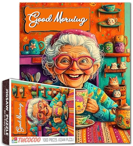 Laughing Lady 1000 Stück Puzzles für Erwachsene Alte Frau trinkt Kaffee Malerei Jigsaw Puzzle Home Scene 1000 Stück Puzzles 20''x27 inch DIY Craft Puzzle Art Home Wall Decor Family Challenging