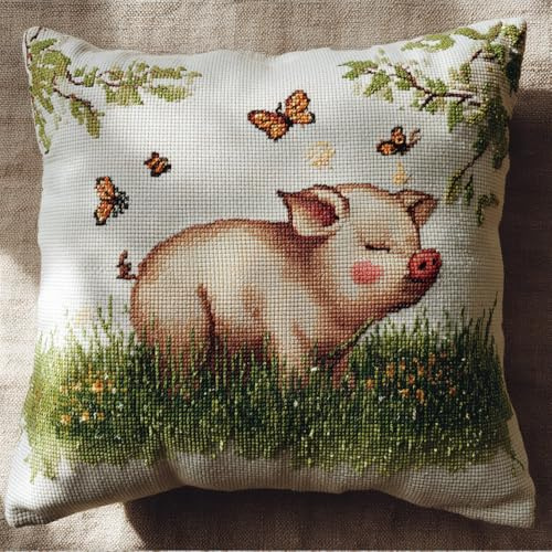 Henypt Kreuzstich Stickpackungen Kissen Front Zum Selbersticken Süßes Schwein Auf Dem Gras 45X45Cm Stickbild Auf 100% Baumwoll Stoff Und Stickgarn, Stickvorlagen Kreuzstichkissen Zum Überwurf-Kisse