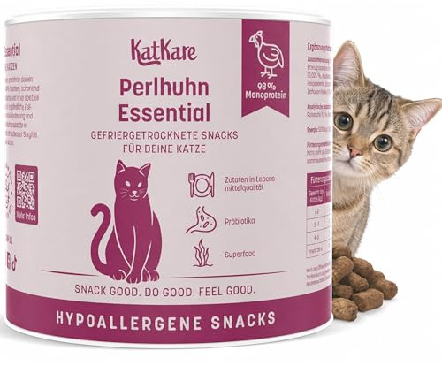 KatKare Hypoallergene Gefriergetrocknete Katzensnacks für empfindliche Katzen - Monoprotein Katzen Leckerlis Getreidefrei, ohne Zusatzstoffe, Monoprotein Proteinquelle - Perlhuhn Essential - 70g