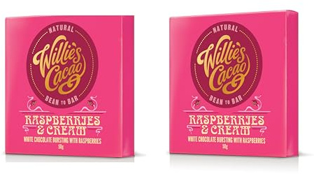 Willie's Cacao Bar - Raspberries and Cream, White Chocolate bursting with Raspberry - 50g - Artisan made (Pack of 2)