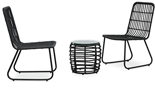 Tonture 3-TLG. Bistro-Set Poly Rattan Schwarz, Outdoor-Möbel für Balkon, Garten, Terrasse, wetterfestes Lounge-Sofa mit Glastisch, Bequeme Stühle für Außenbereich