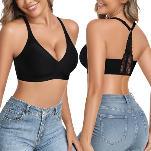 Wiepux BH Damen Ohne Bügel Halter Spitze Rückenfre Bralette mit Weichen Cups Y-Rücken Design Tiefer V-Ausschnitt Bequemer sexy Alltags-BH für Party Dating (Schwarz, S)