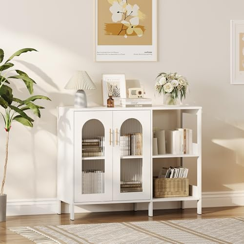 Thaookte Metallschrank Mit Glastüren, Sideboard Küchenschrank, Glas Vitrine Schrank Mit Verstellbarem Regal, Anrichte Schrank Für Küche Esszimmer Wohnzimmer, 100 x 40 x 80 cm, Weiß