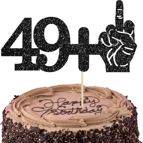 Tourima 50. Geburtstag Cake Topper, lustige Tortendeko für Mann und Frau | Schwarzer Cake Topper mit „49+“-Motiv und frechem Handzeichen sorgt als lustige Tortendeko zum 50. Geburtstag für Lacher.