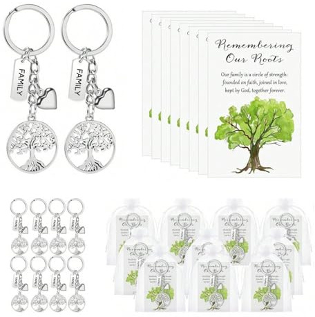 Lote de 24 Llaveros Árbol de la Vida con Tarjetas y Bolsitas, Detalle para Invitados de Bautizo, Comunión, Boda, Regalo de Reunión Familiar, Detalles Navideños, para Colegas