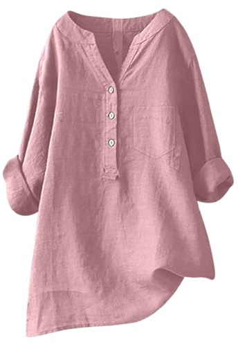 Chemise Lin Femme Grande Taille Chic Et Élégant Blouse Coton Col V Nuit Boutonnée Devant Chemisier Manche Longue Casual Tunique