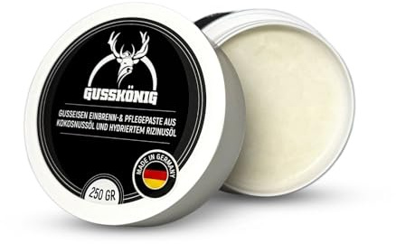 GUSSKÖNIG Gusseisen Pflegepaste 250ml–Made in Germany–100% natürliche Pflege mit Kokosöl & gehärtetem Rizinusöl-für Dutch Oven, BBQ & Kazan Gusseisen–Einbrennen & Rostschutz für Pfannen & Grillplatten