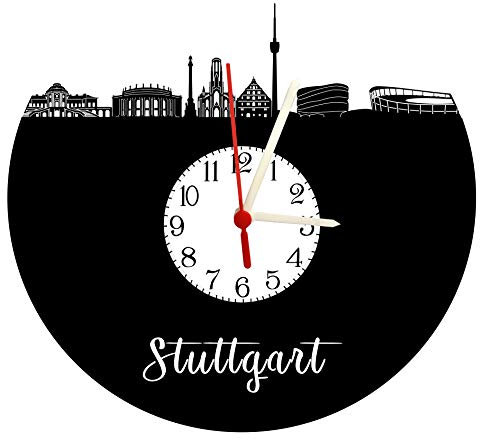 bigcopy e.K. Wanduhr Stuttgart mit Ziffernblatt, Schallplattenuhr mit Quarzwerk, Stuttgart, Skyline mit Zifferblatt