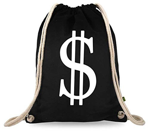 Turnbeutelliebe® Turnbeutel mit Spruch - verschiedene Designs - bedruckt - Baumwolle schwarz - Sportbeutel - Fasching Rucksack - ca. 12 Liter - 37 x 46 cm (Dollarzeichen)
