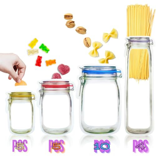 Mason Jar Zipper Bags, 24pcs Mason Jar Bottles Bags, Mason Jar Bags, Reusable Food Saver Storage Bags, Fresh Bags, Leakproof Snacks Zipper Sealed Storage Bags for Travel Camping and Kids