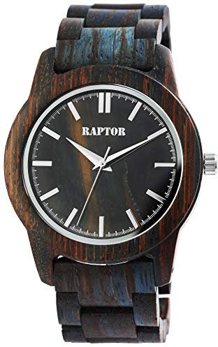 Raptor Herren-Uhr Holzuhr Natur Faltschließe Analog Quarz RA20323 (blau/Eichenholz)