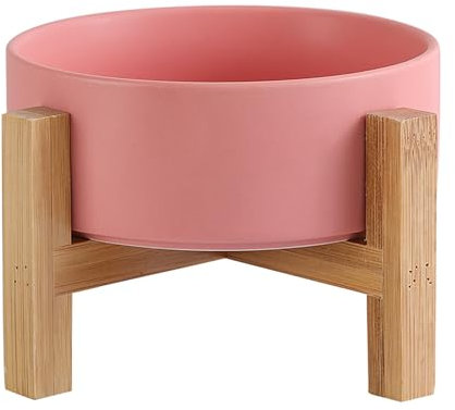 Rosa Futternapf Katze Fressnapf Katze Katzennapf Erhöht mit Napf Ständer Holz und Rutschfesten Füßen - Hundenapf Keramik für Katzen Hunde Welpe Futter und Wass 400ML